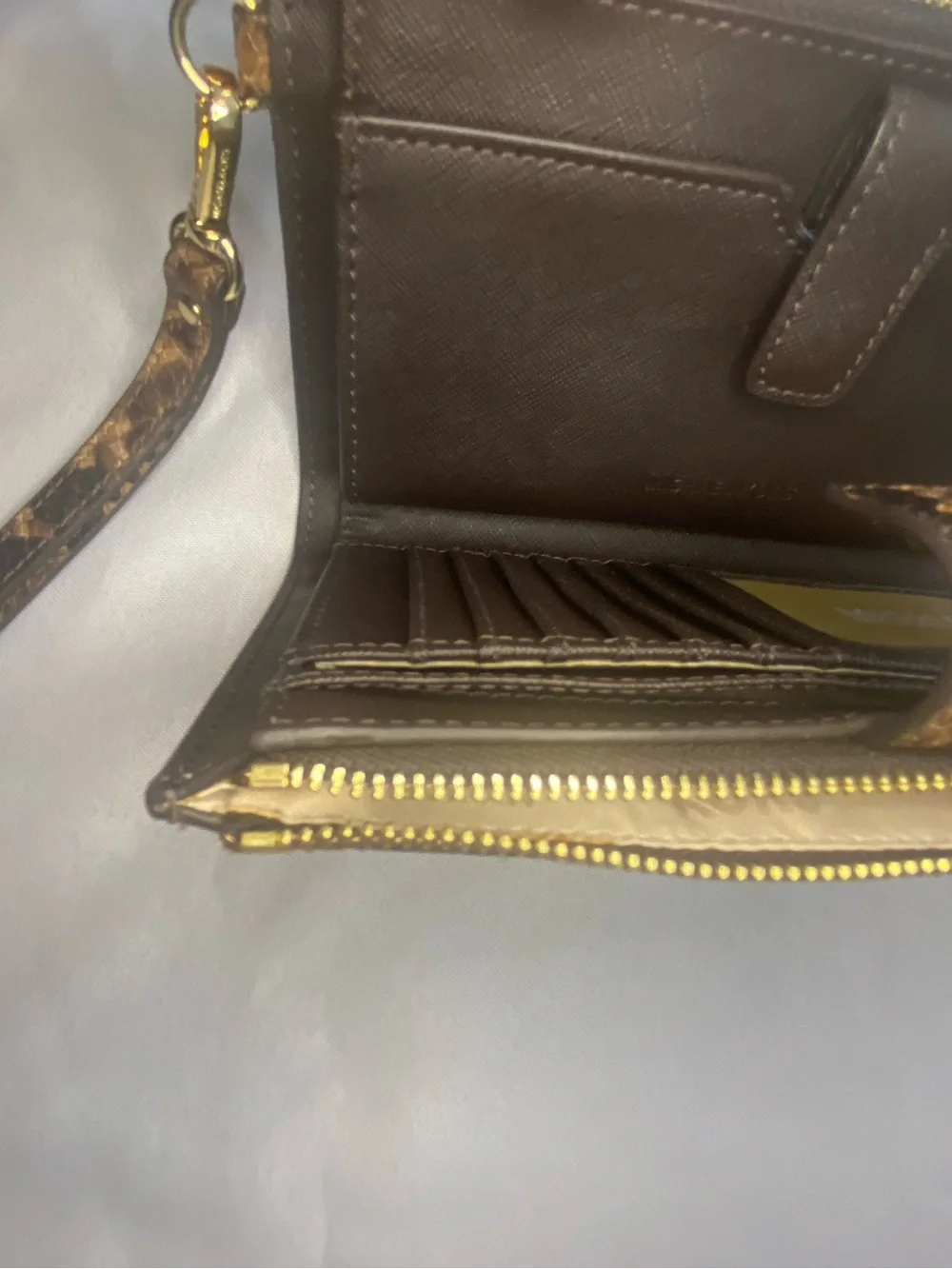 Michael Kors Brown Snake-Print Wristlet Clutch with Gold Logo